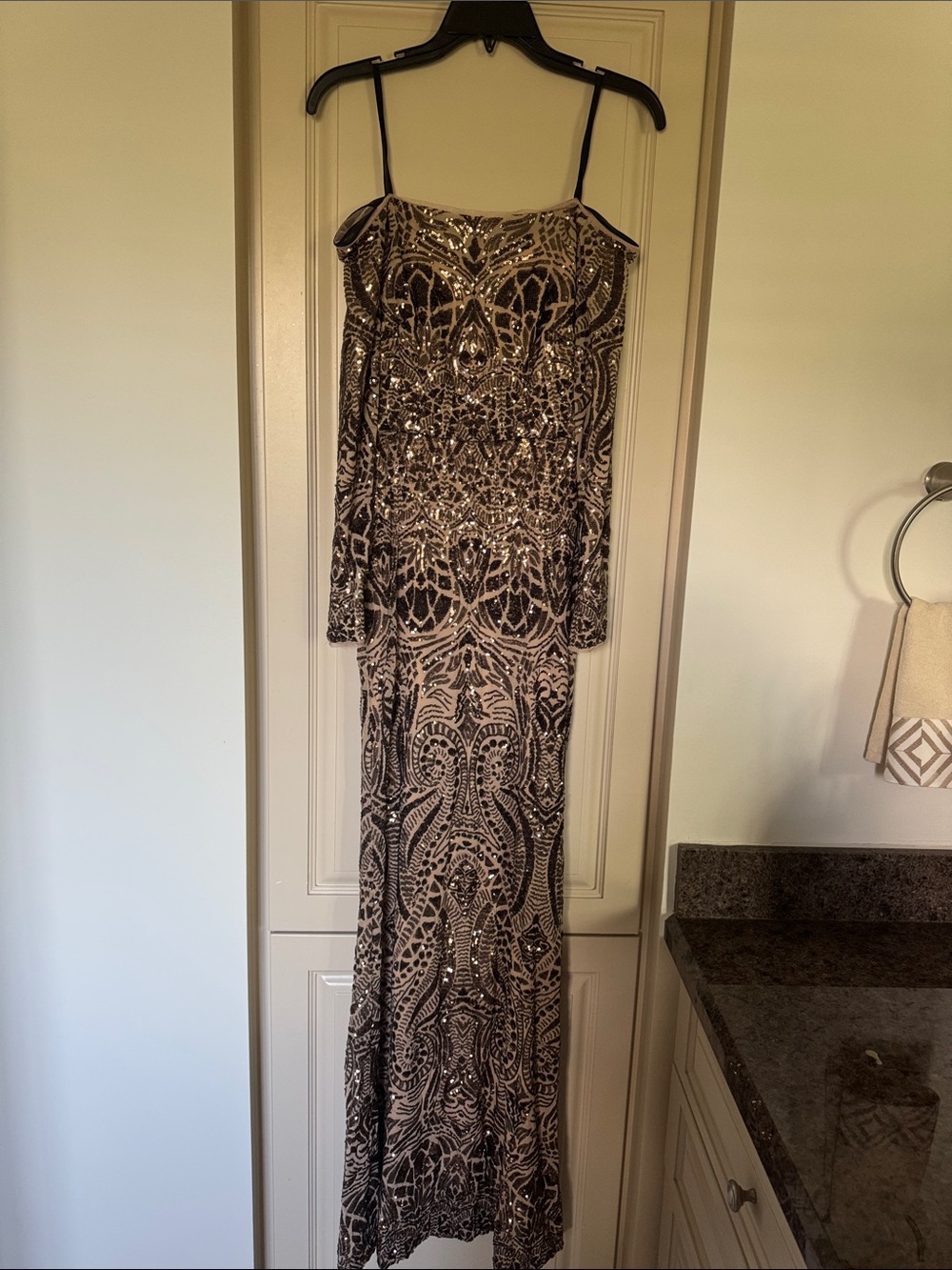Aqua Sequin Embellished Long Sleeve Evening Gown in Brown and Nude